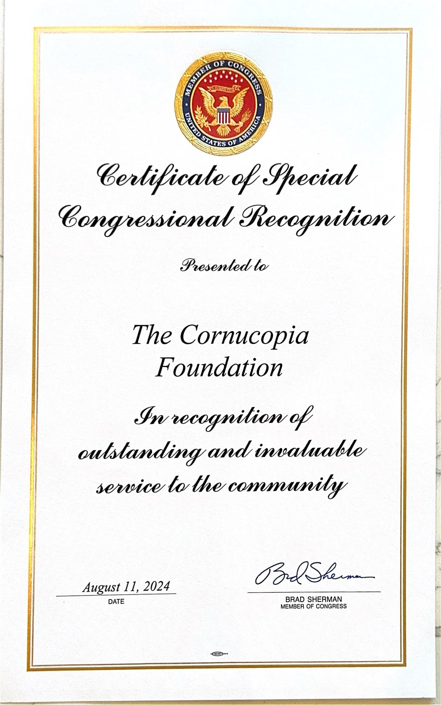 Cornucopia Malibu Farmers Market Certificate of Special Congressional Recognition