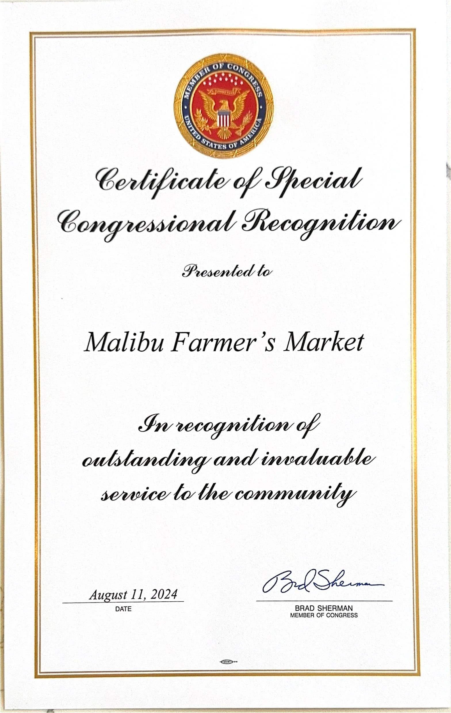 Malibu Farmers Market Certificate of Special Congressional Recognition